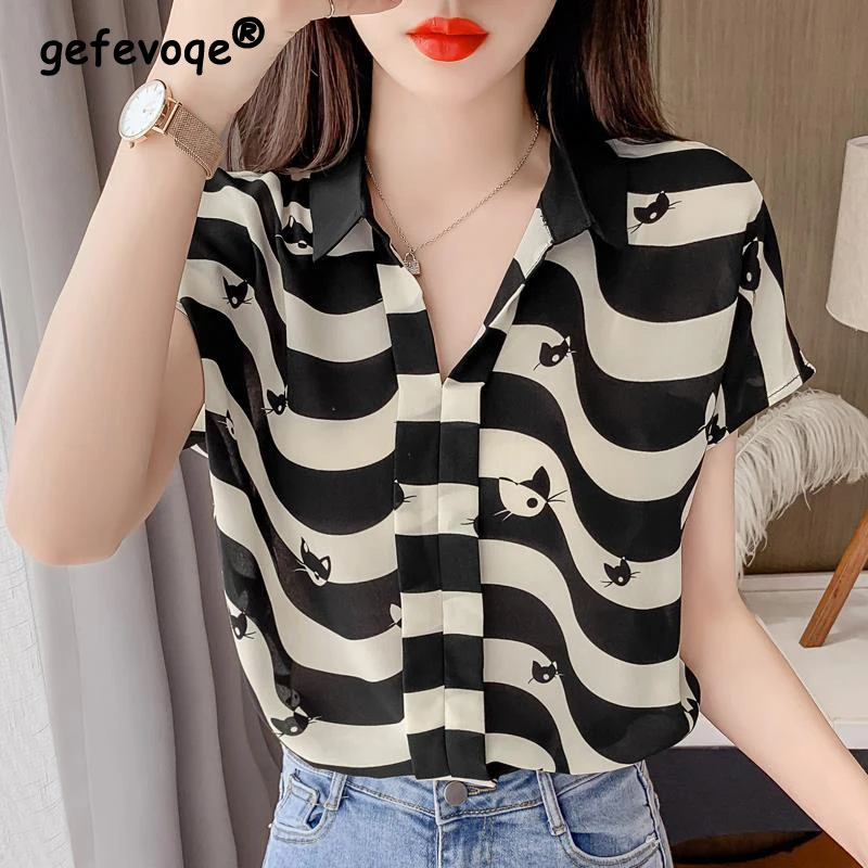 Striped Chiffon Vintage Shirts Women Summer 2022 New Fashion Office Lady Commuter Loose Tops Short Sleeve Elegant Blouse Female