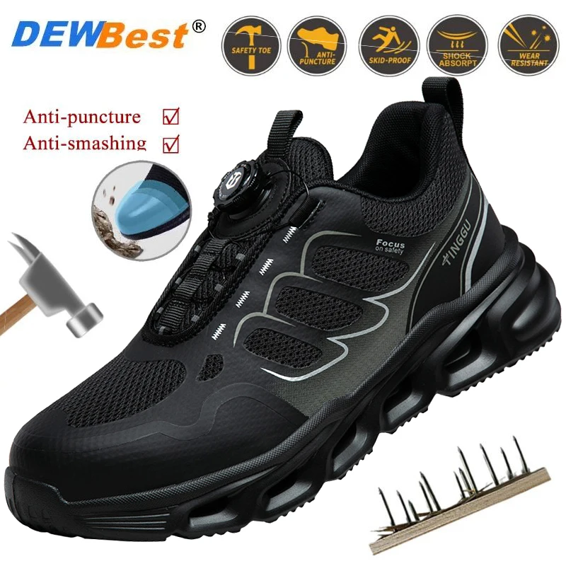 

New male anti-smash and anti-puncture wear-resistant non-slip knob buckle breathable lightweight safety work protective shoes