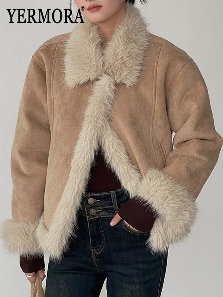 

YERMORA Khaki Suede Bag Thick Casual Jacket For Women Lapel Long Sleeve Loose New Coat Fashion Tide Autumn Winter 2025