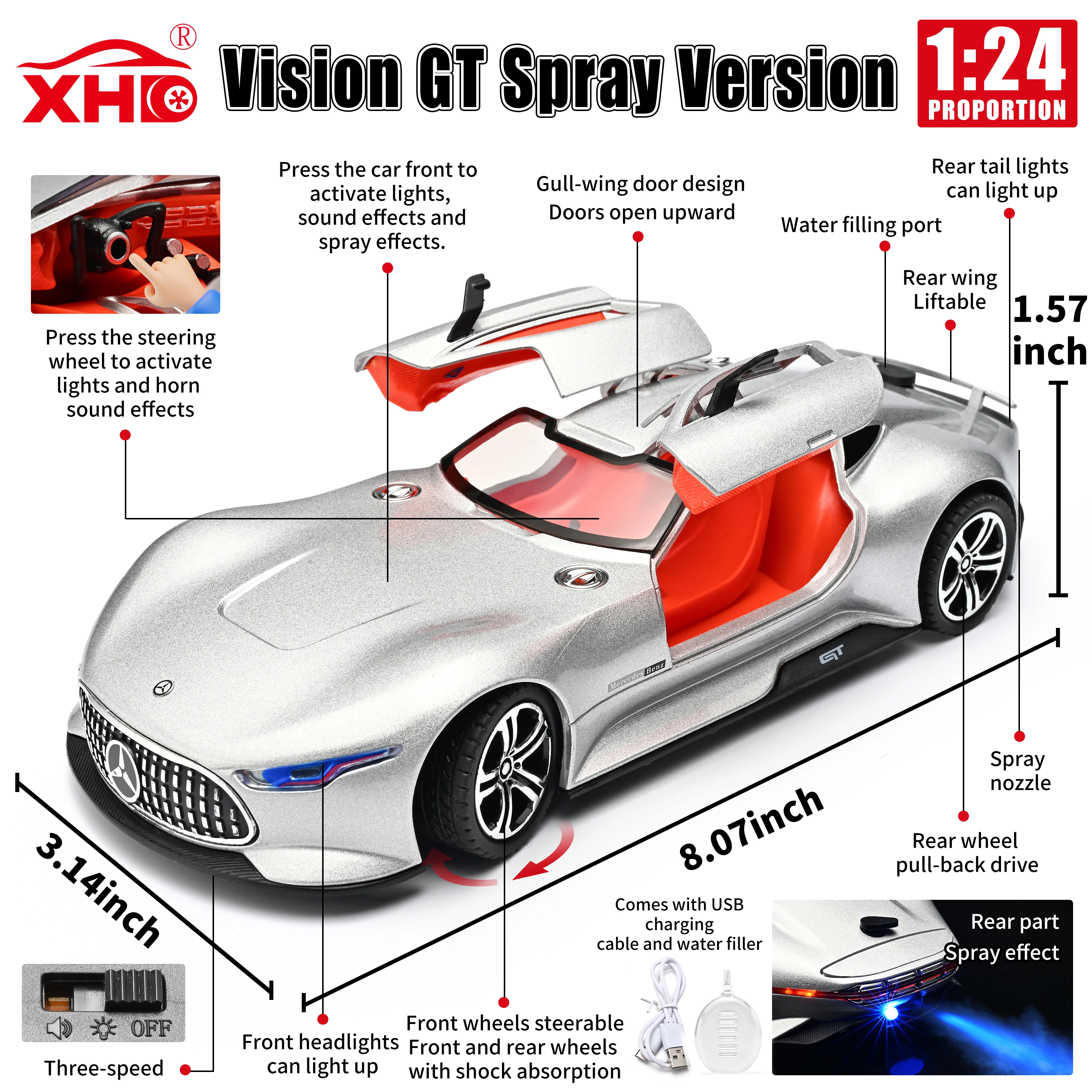 

1:24 Scale Vision GT Sprayable Super Car Exquisite Simulated Die-cast Car Model Collectible Light & Sound Desktop Decoration
