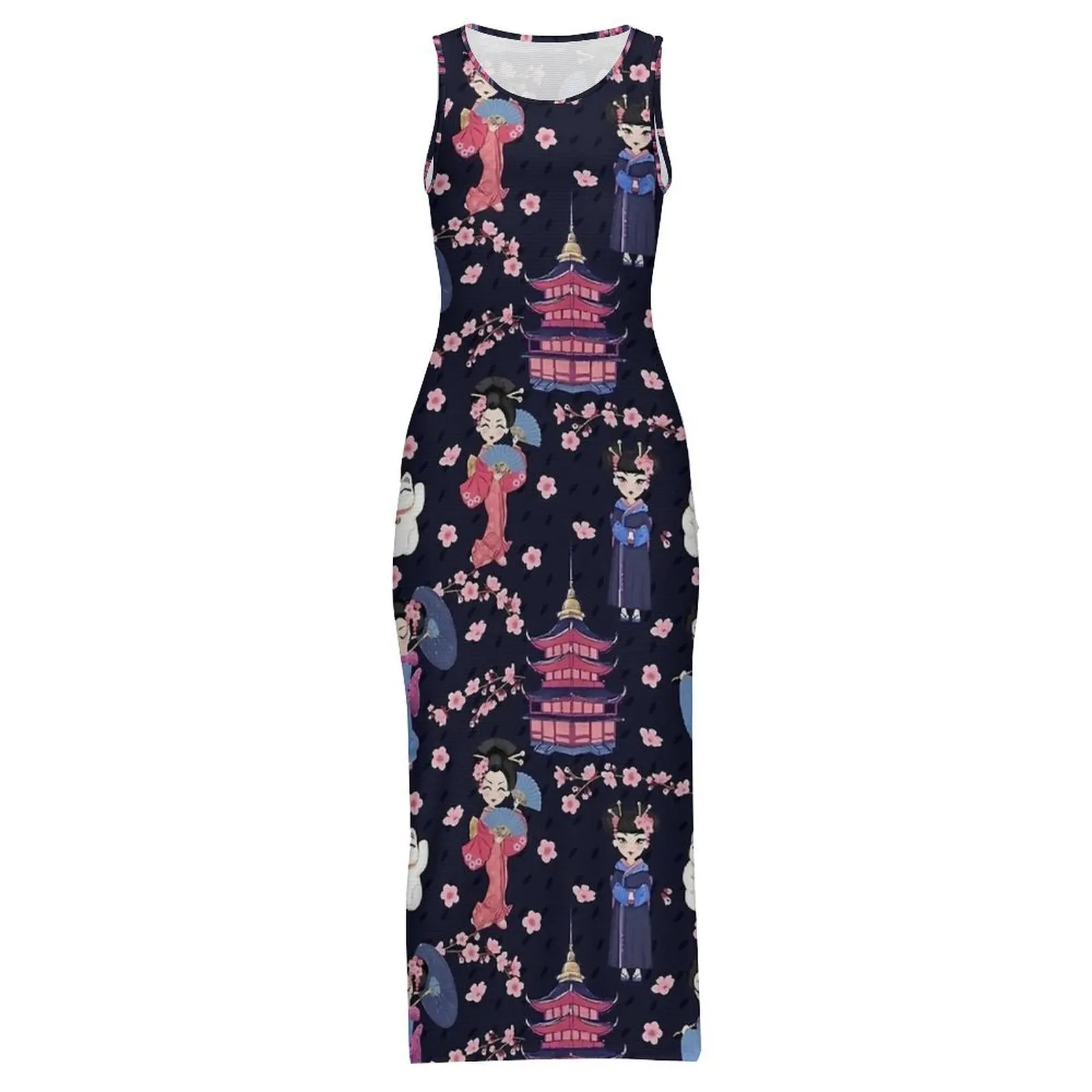 Schattige Japanse poppen marineblauwe jurk Mouwloze retro maxi-jurken Vakantie Street Fashion Design Bodycon-jurk Groot formaat 3XL 4XL