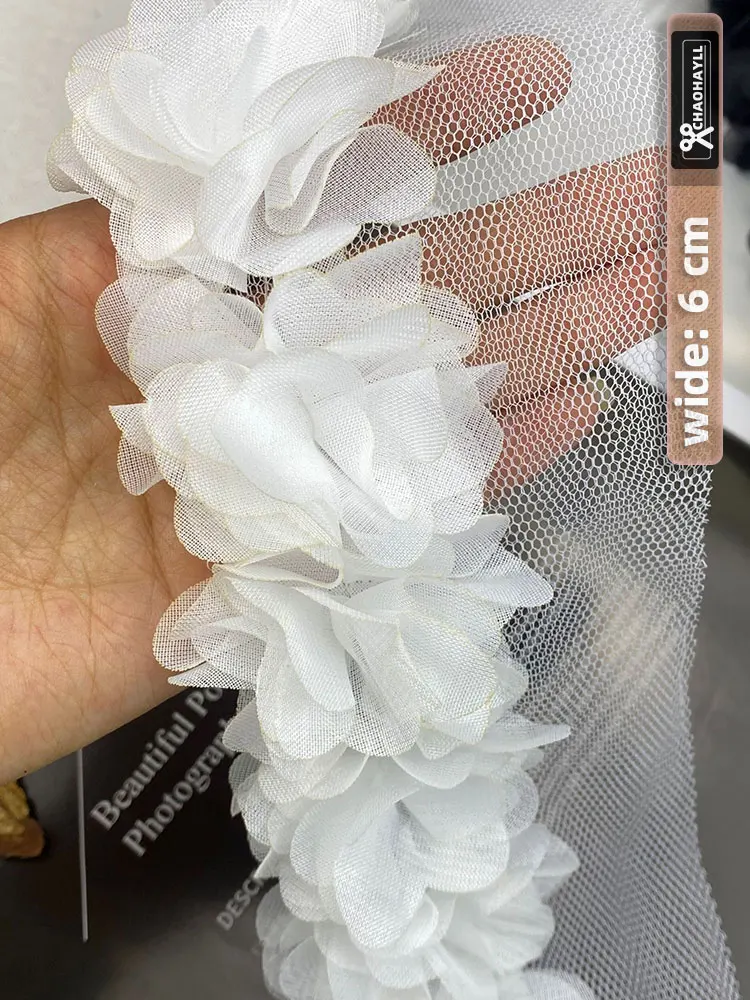 1 jard 6CM szerokości kwiatowy szyfon 3D tiulowa tkanina koronkowa dla wykończenie z frędzlami DIY sukienka na wesele marszczone mankiety sztuka