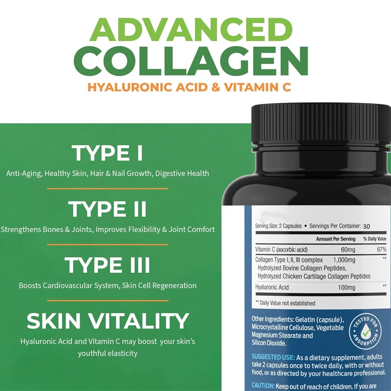 Multi collagen pills contain hyaluronic acid and vitamin C | Multi collagen capsules are suitable for skin and wrinkles