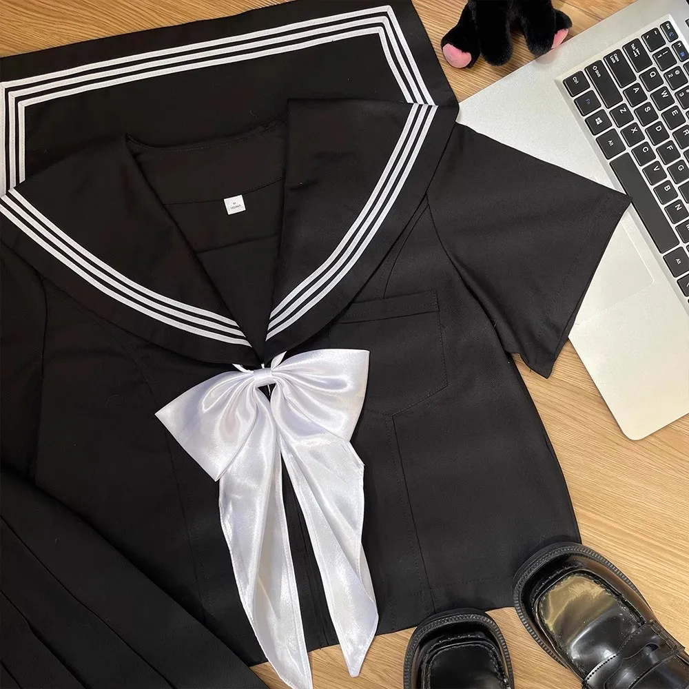 Uniforme da marinaio in stile giapponese Sailor nero Fuku Jk Uniforme scolastica Abbigliamento da marinaio per scuola superiore da donna Top Gonna a pieghe Seifuku