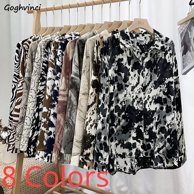 Shirt Women Printed Loose Streetwear Turn Down Collar Long Sleeve Chic Ulzzang Vintage Ins All-match Outwear Female Top Mature