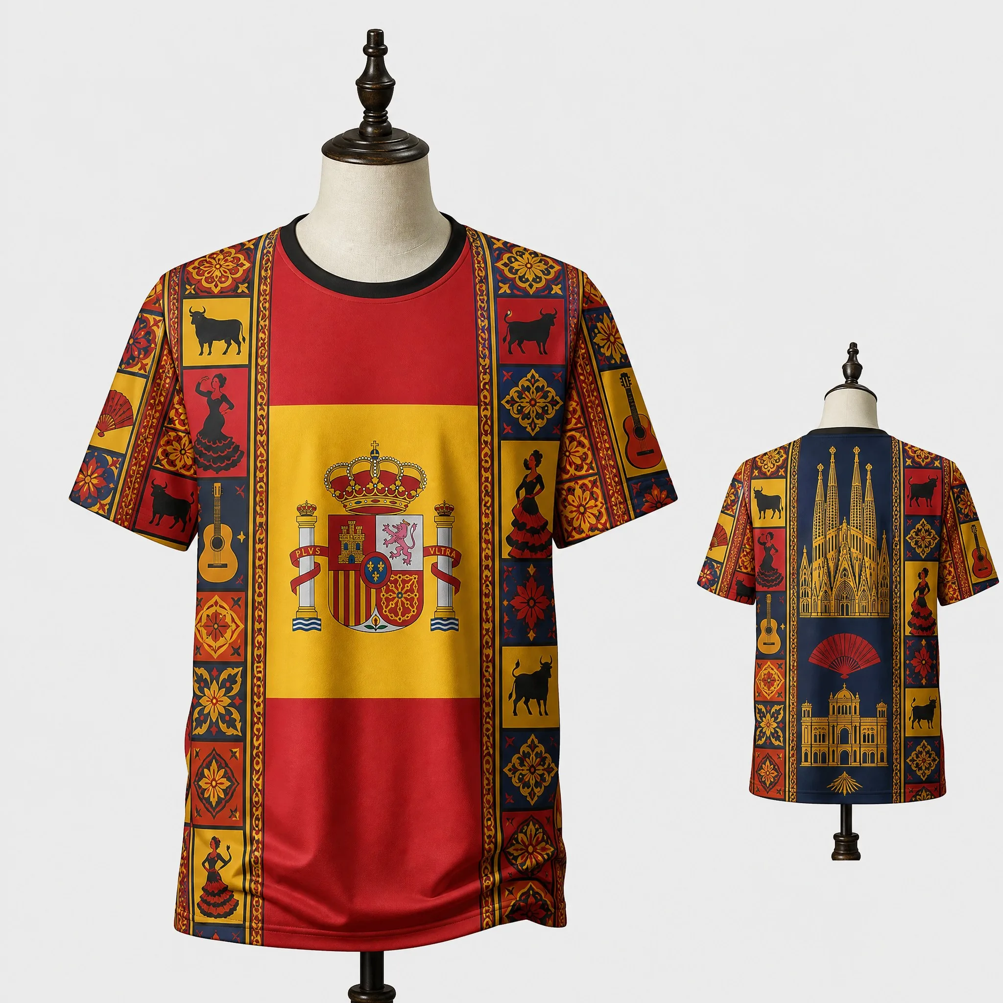 Mens Crew Neck Short Sleeve Spain Heritage Graphic T Shirt Red Yellow Crest Folk Art Bull Flamenco Print Casual Summer Top Shirt