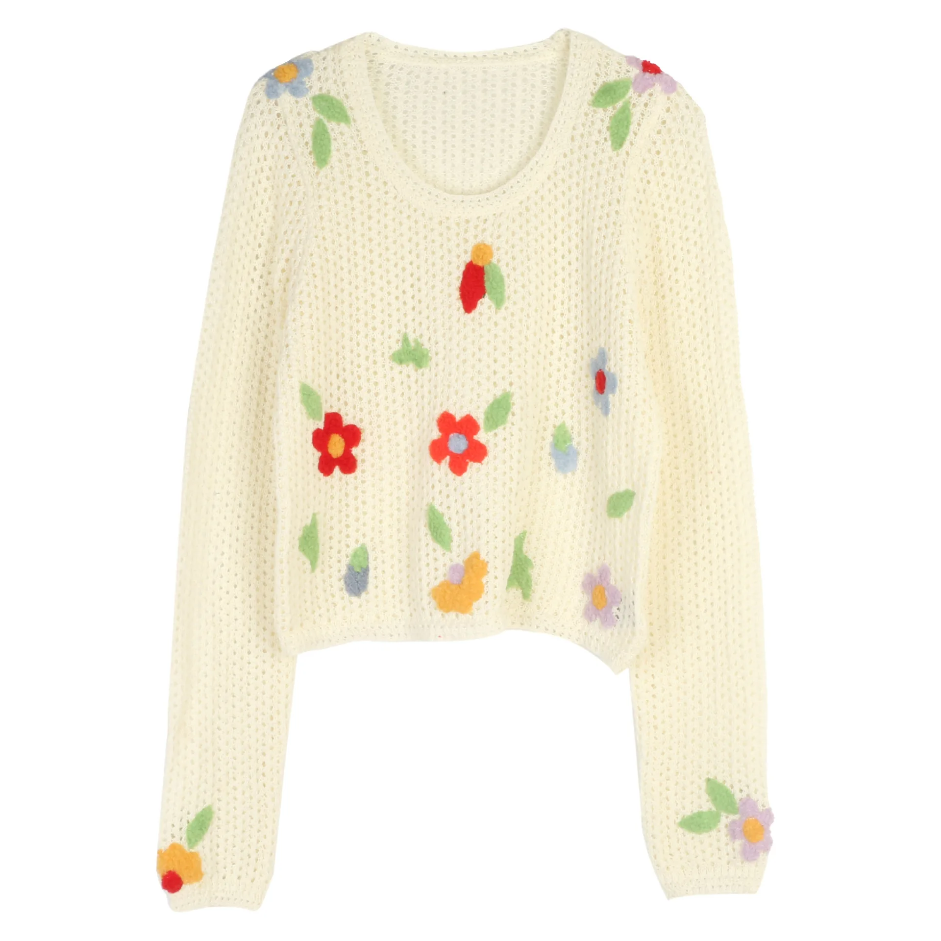 

2025 Holiday Boho Retro Handmade Flower Pullover Sweater Round Neck Hollow Loose Spring And Autumn New Knitted Sweater Top