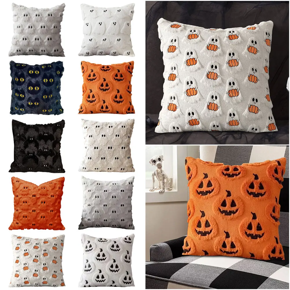 Halloween Ghost Throw Pillow Cover 45cmX45cm Ghost Pumpkin Pillowcase Plush Faux Fur Decoration Cushion Covers for Couch Sofa