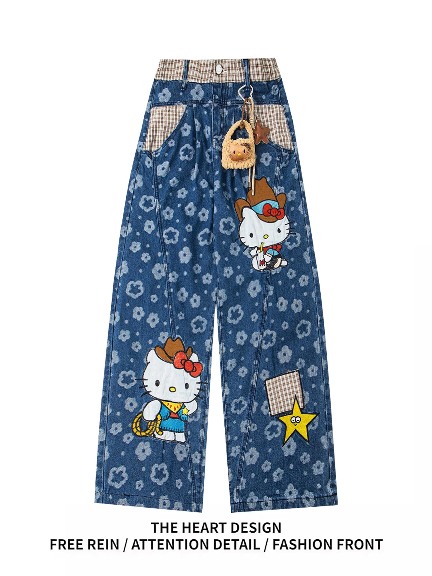 

American Retro Plaid Splicing Kit Embroidery High Waist Loose Straight Leg Jeans Women's Autumn Wide Leg Pants