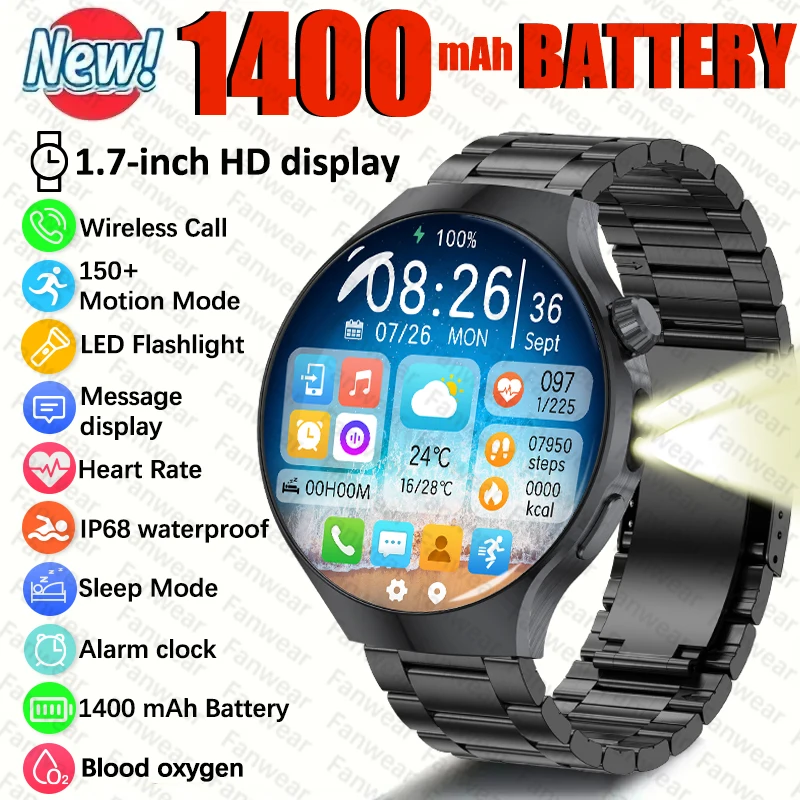 

Outdoor sports smart watch For men women LED flashlight 1400 mAh battery standby 240 days 170+ sports mode Bluetooth call health