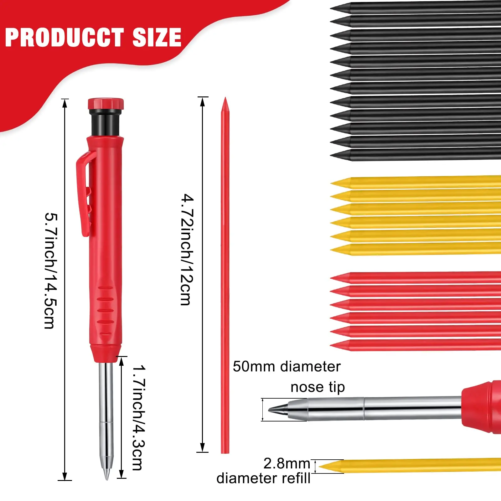 Solid Carpenter Pencil with Refill Leads and Built-in Sharpener for Deep Hole Mechanical Pencil Marker Marking Woodworking Tools
