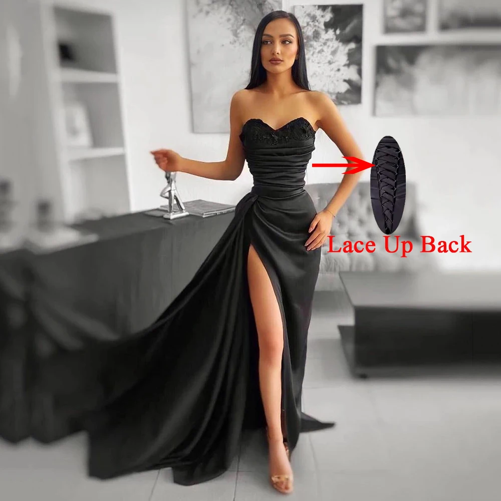 

Bafftafe Mermaid Black Prom Dresses Appliques Sweetheart Satin Evening Gowns Lace Up Slit Women Formal Party Dress Customized