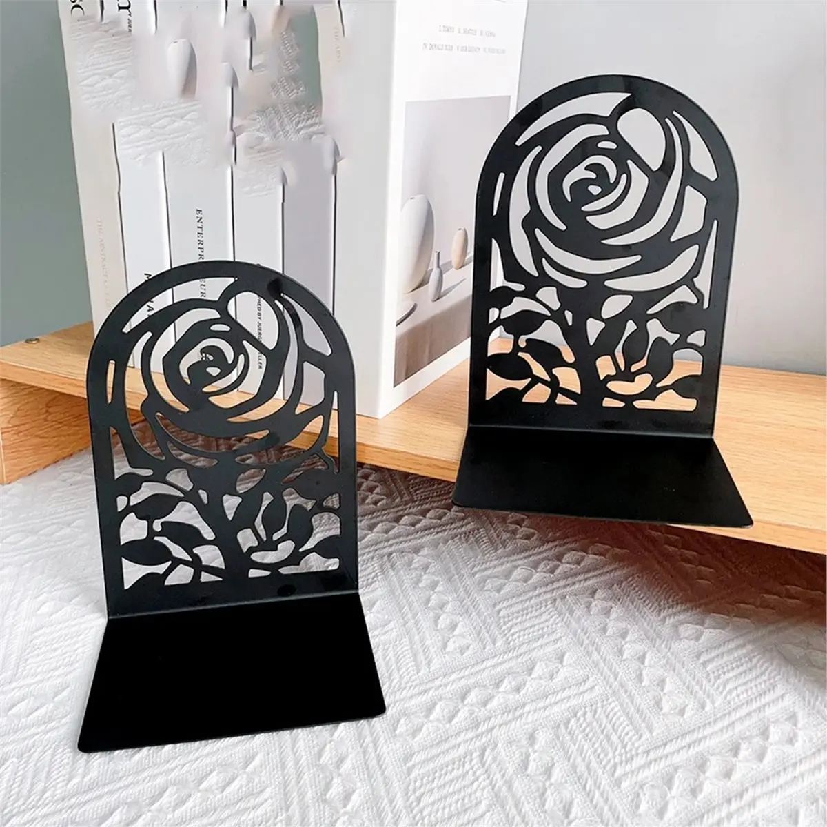 Best sales 2026 Rose Metal Bookends - Elegant Iron Book Supports for & Home, Artistic Hollow Design D