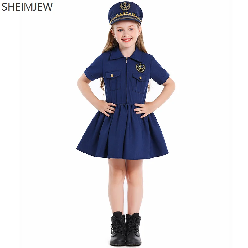 

Enfant Cos Secret Agent Dress Halloween Party Niñas Cosplay Police Professional Costume Navy Blue Captain Hat Skirt Suit