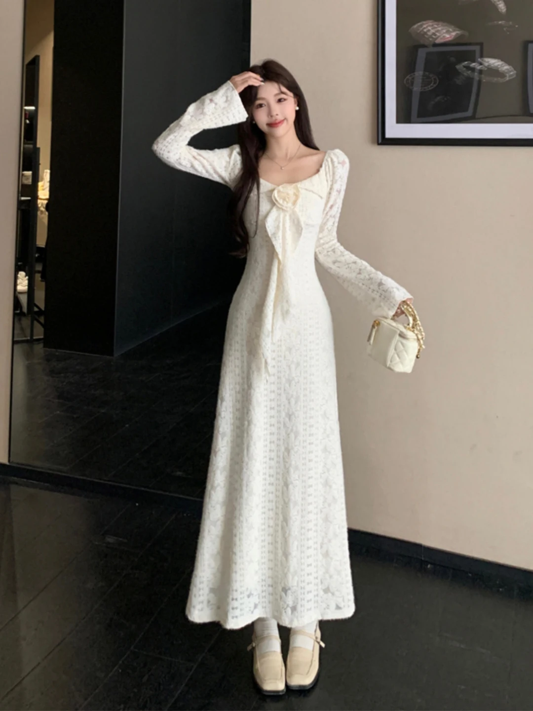 

Французское платье макси с квадратным вырезом, кружевное, женское, больших размеров, осенне-зимнее, с приталенным силуэтом, скрывающее бедра