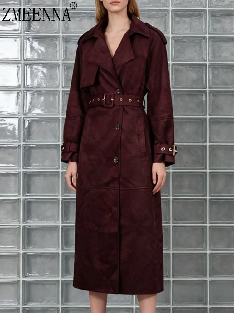 

ZMEENNA Womens Long Coat Oversized Notch Lapel Loose Fit Style Elegant Warm Outerwear Maxi Burgundy Red Wine ZM4440