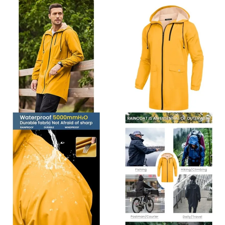 Men's Long Raincoat Ligtweight Rain Jacket Waterproof Outdoor Jackets with Hood