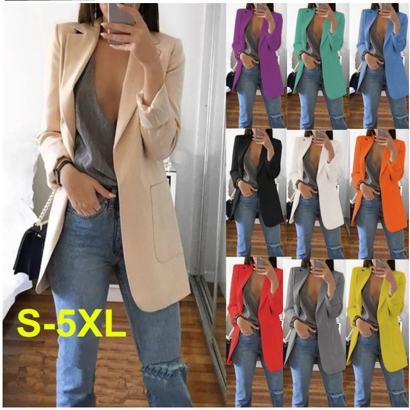 Plus Size Blazer Women Clothing Casual Cardigan Autumn Winter Overcoat Solid Large Topcoat Lapel Jacket Grace Fashion Outer Wear