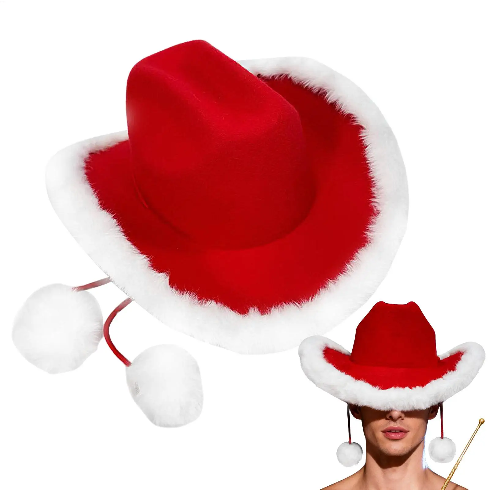 Weihnachts-Cowboyhut, Weihnachtsmann-Kostüm mit weißem Plüschbesatz für Western-Party, Urlaub, Foto-Requisiten, Disco, Familienspaß, Kinder und Erwachsene