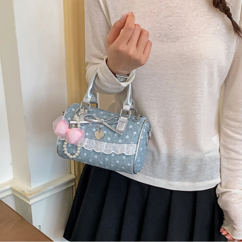 Koreanische Polka Dot Bowknot Patchwork Hobo Umhängetasche, Damenhandtasche, vielseitige, leichte, kleine quadratische Tragetasche für den Arbeitsweg – Detail 16