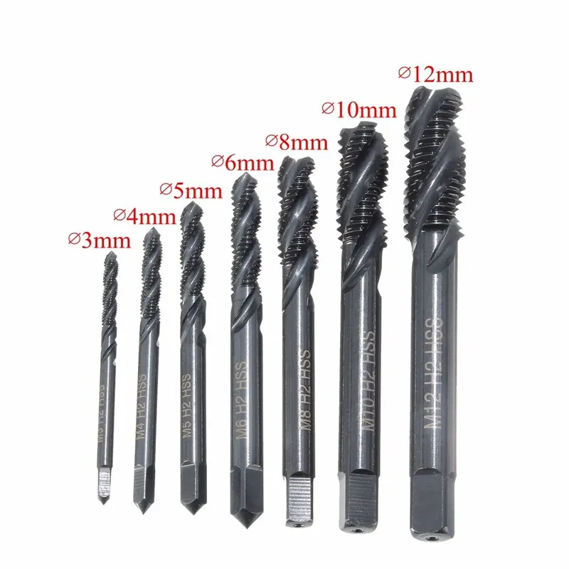 7pc High-speed Steel 6542 Nitrided Spiral Groove M3-M12 Machine Tap Set Thread Tapping and Easy Chip Removal Tool