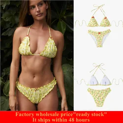 Women Y2k Bikinis Sets Coquette Aesthetic Bows Halter Tie Up Bikini Top High Cut Elastic Waist Bikini Bottom