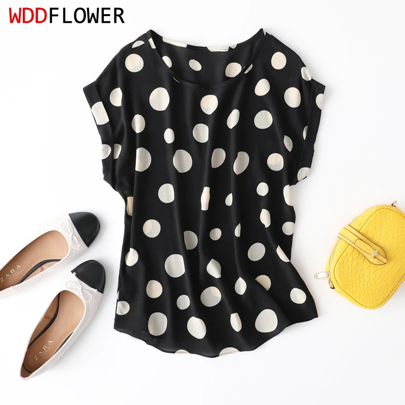 

100% Mulberry Silk Women Silk T-shirt Short sleeve Top Shirt Blouse Black Dots Plus Size L-3XL MM142