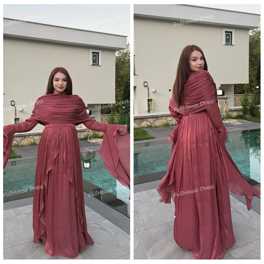 

Custom Made O-neck Chiffon Tiered Ruffles A-line Draped Long Sleeve Muslim Gown Backless Maxi Length Pleated Saudi Arab Dress