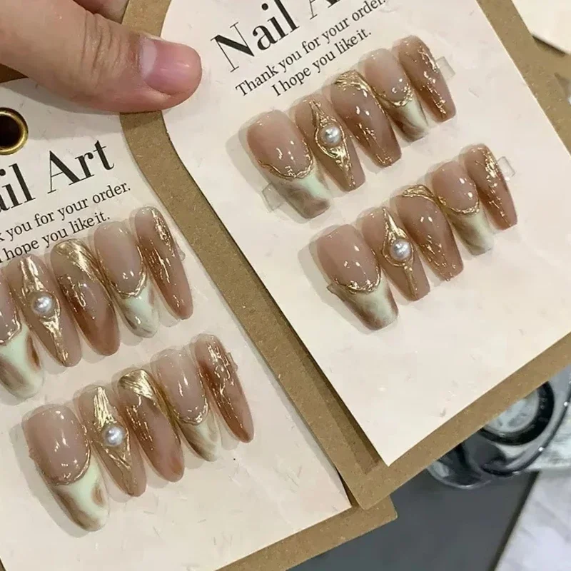 10pcs detachable handmade artificial nails Maillard press on acrylic nails almond brown coffee ballet false nail for fall winter