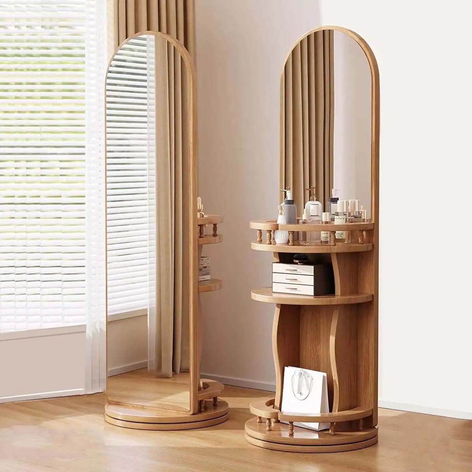 #Rotating Full-Length Vanity Mirror with Table, Floor Standing Dressing Desk for Living Room Bedroom Cloakroom