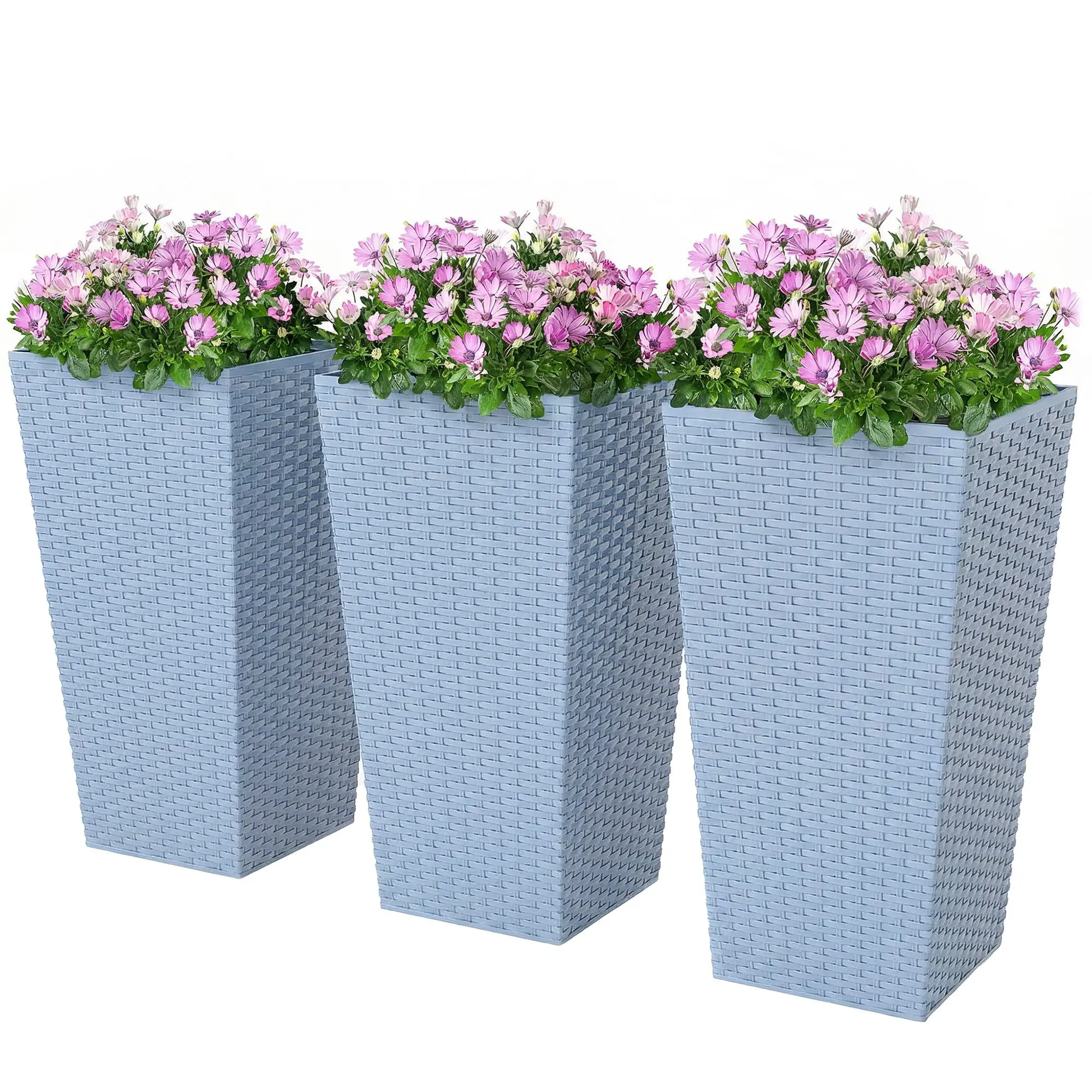 Tall Planters for Outdoor Plants Set of 3, 24 Inch Taper Planters with Drainage Holes, Rattan Decor Plant Pots, Light Gray
