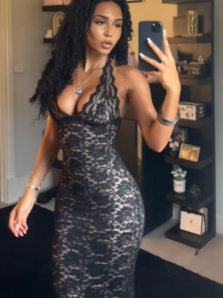 Sexy Lace Halter Neck Maxi Dress Women Elegant Sleeveless Backless Waist Cinched Bodycon Vestidos 2026 New Evening Prom Gowns