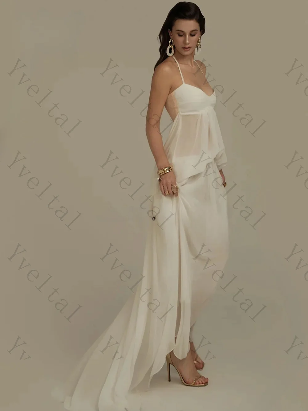Customized Elegant Dignified Temperament Chiffon Tull A Line Wedding Dresses Enchanting Spaghetti Strap Lace Up Bridal Gown