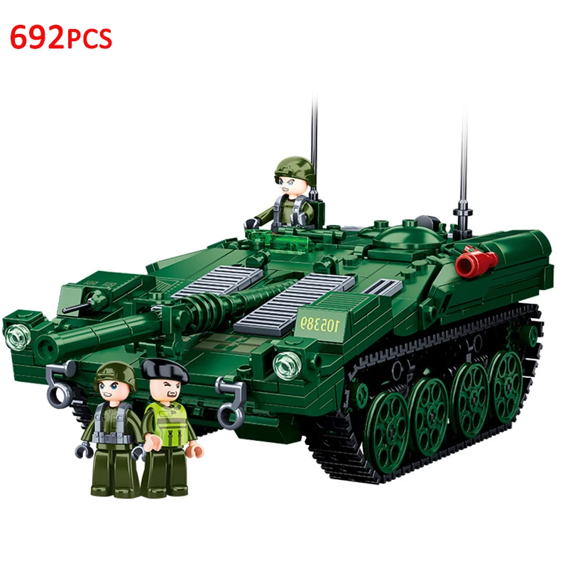 Military WW2 Normandy Landings Cannon Assault Armored Vehicle Battle Tank Car Truck Army Figure Weapon Building Blocks Model Kid