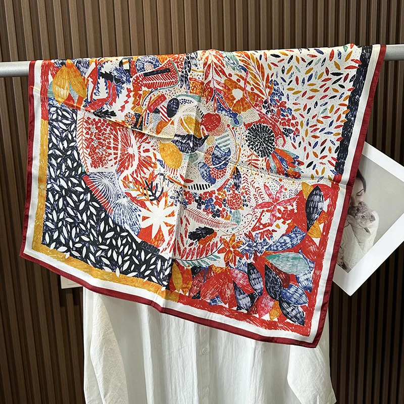 

Red Crayon Drawing Silk Scarf Women's Spring Thin Edition Pure Silk 70 Square Scarf Neck Protection Scarf Women's Gift sj123