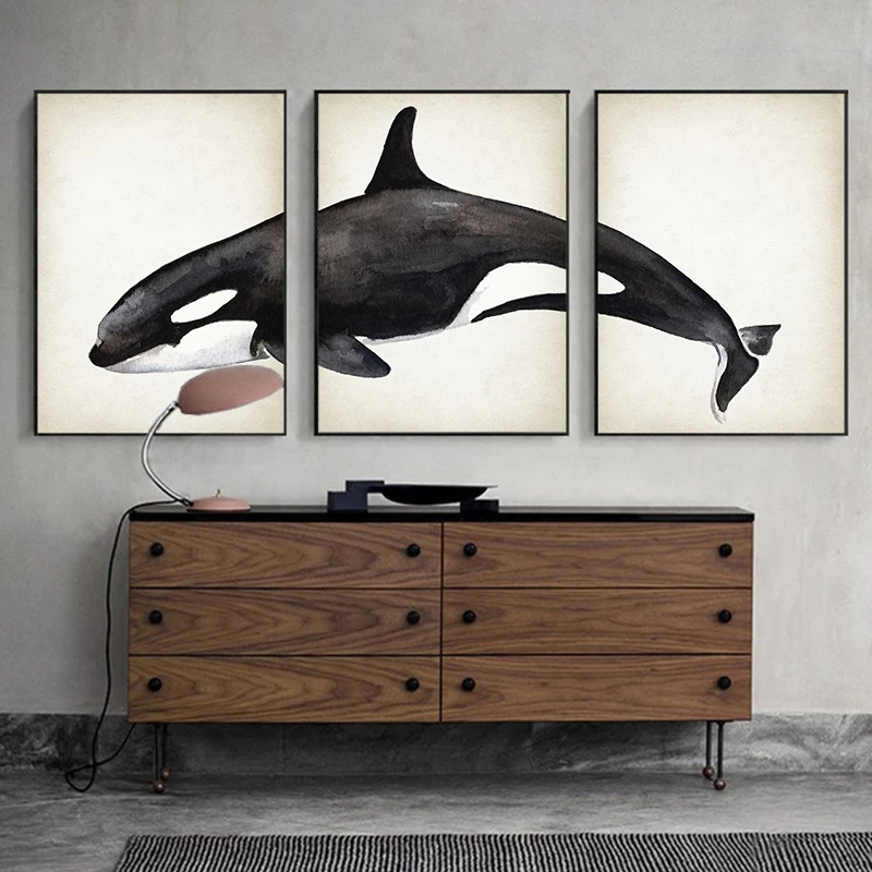 Marine Animals 3Pieces Canvas Paintings Great White Shark Posters and Prints Killer Whale Wall Art Picture for Home Decoration