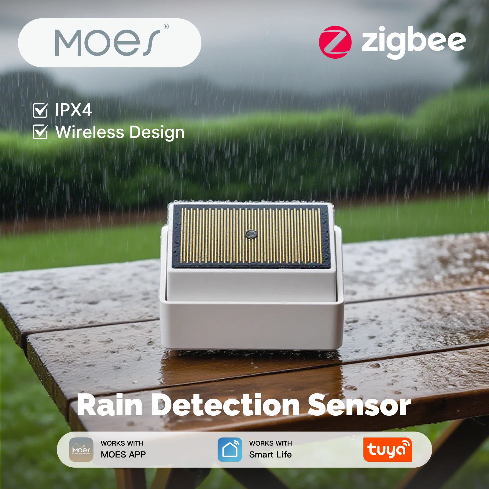

MOES Tuya ZigBee Smart Rain Detection Sensor Water Flood Leakage Detector Wireless Outdoor Use Battery Powered IPX4 Waterproof
