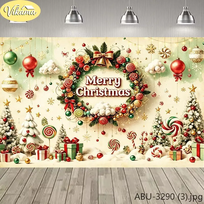 VIKAMA Retro Christmas Wreath Tapestry, Merry Christmas Background Cloth, Living Room Party Wall Decor