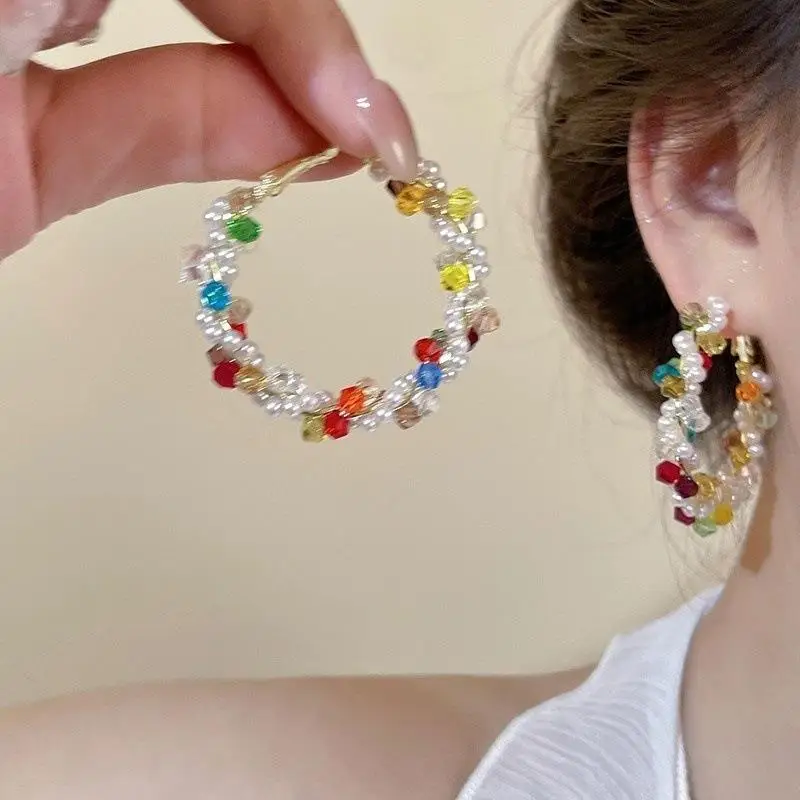 Colorful Dopamine Hoop Earrings For Women New Wrapped Beaded Earcuffs Large Circle Earrings Unique Chunky Threader Ear Jewelry