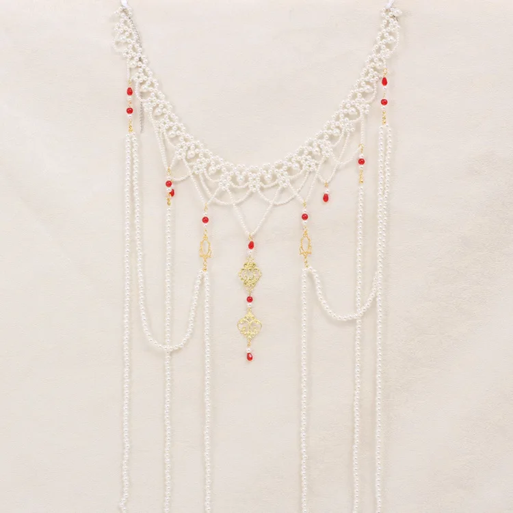 

2024 Design Hand-woven Plastic Pearls Waist Chain Chinese Hans Style Costume Belly Chain Decoration Pearls Tassel Body Jewelry