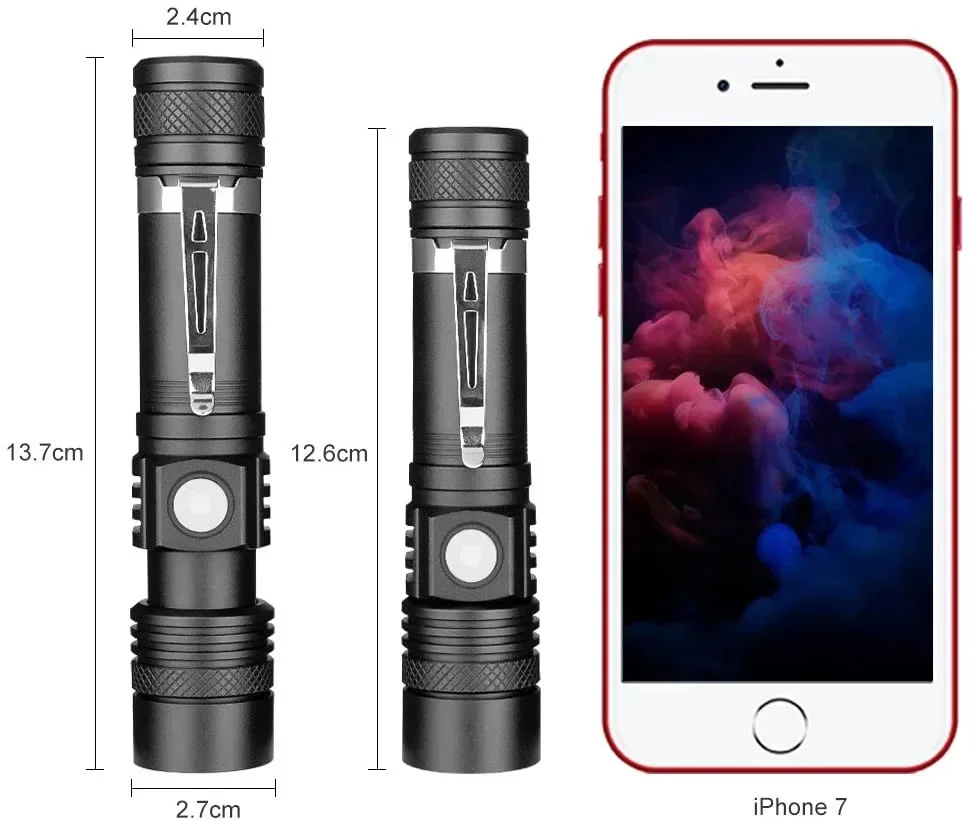 High Power T6 Led Flashlights Zoomable Camping Torch With Pen Clip Waterproof 4 Lighting Modes Multi Function Usb Charger