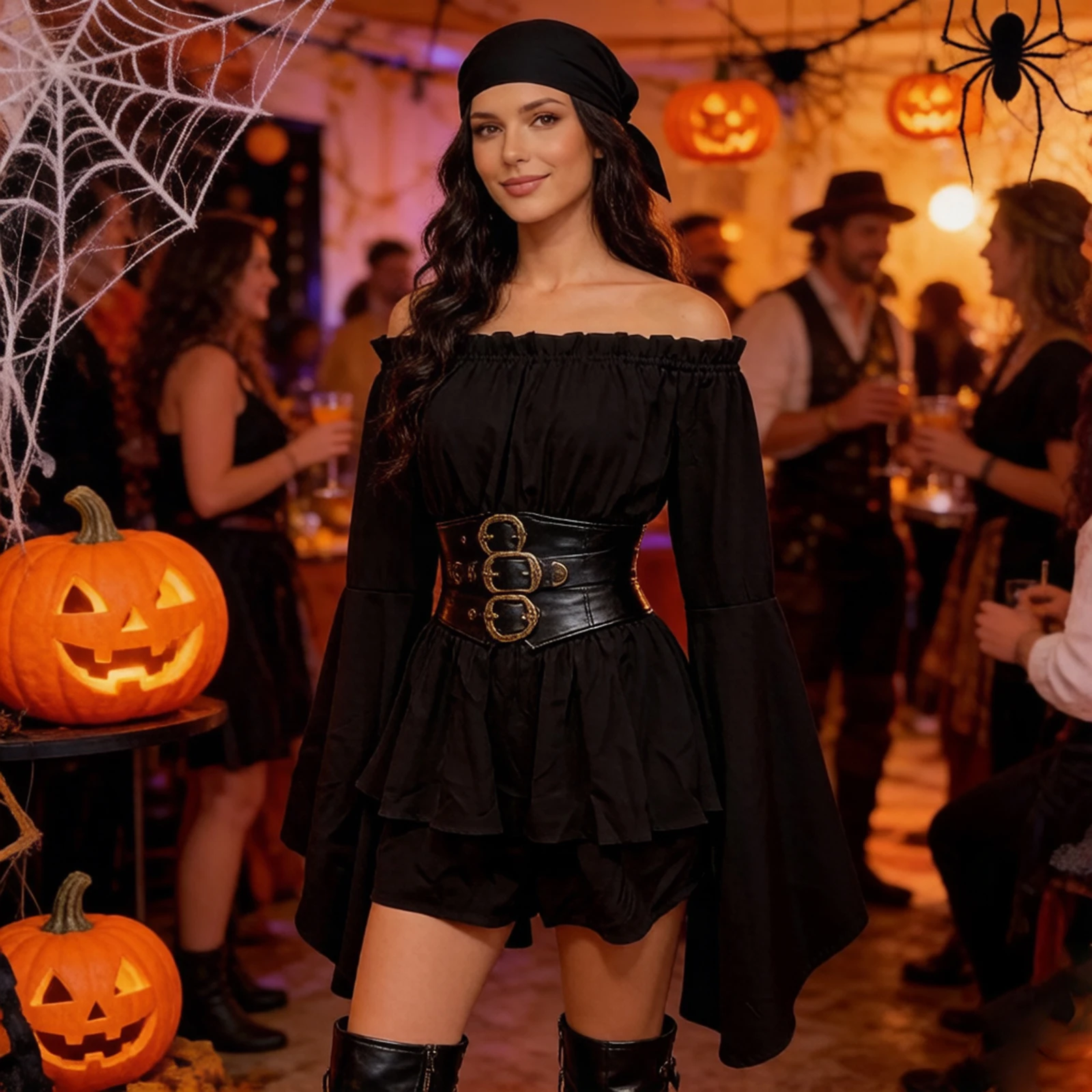 Women Flowy Shorts Romper Off Shoulder Long Flare Sleeve Cinched Waist Ruffled Jumpsuit for Daily Party Club Halloween Costume view 6