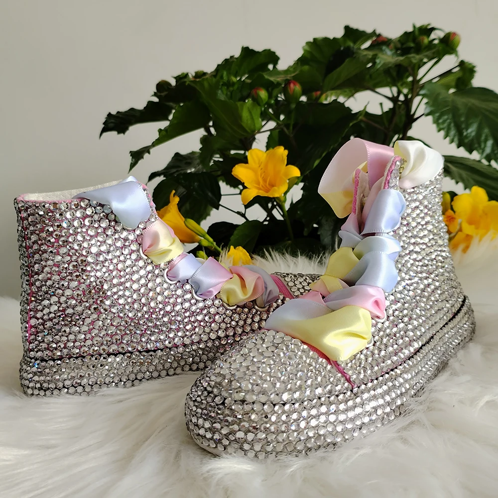 Handmade Rhinestones Bling Girls Womens Kids And Mother Candy Canvas Shoes Pearls Sneakers For Girl Birthday Party Wedding