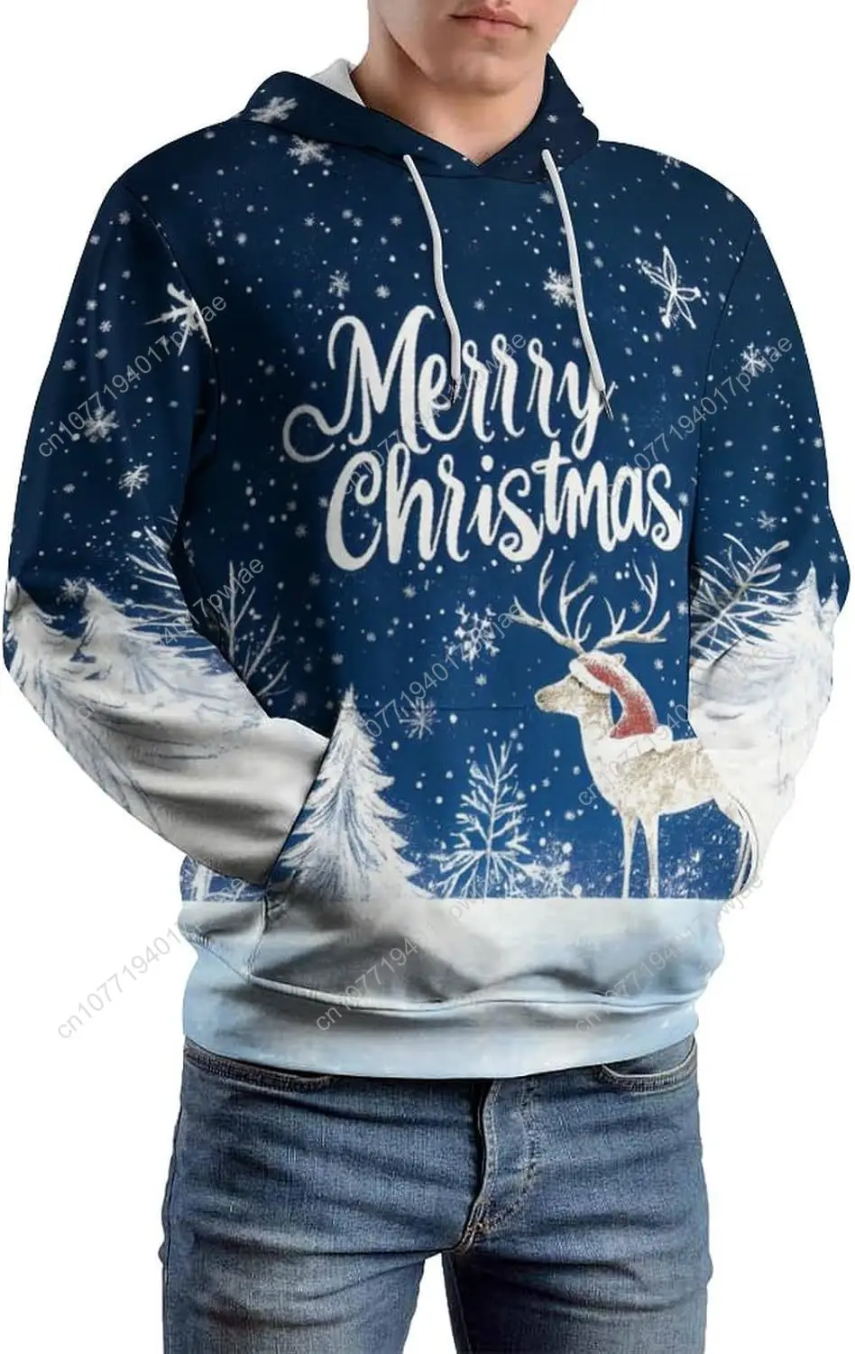 هوديس عيد الميلاد للجنسين بلوفرات بغطاء للرأس برسومات واقعية مع جيوب