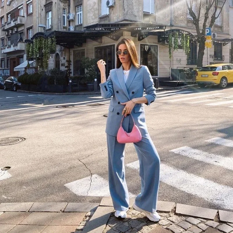 2024 Spring New Two-piece Set Suit Blue Double Breasted Blazer + Casual Straight Trousers Elegant Fashion Chic Women's Clothes