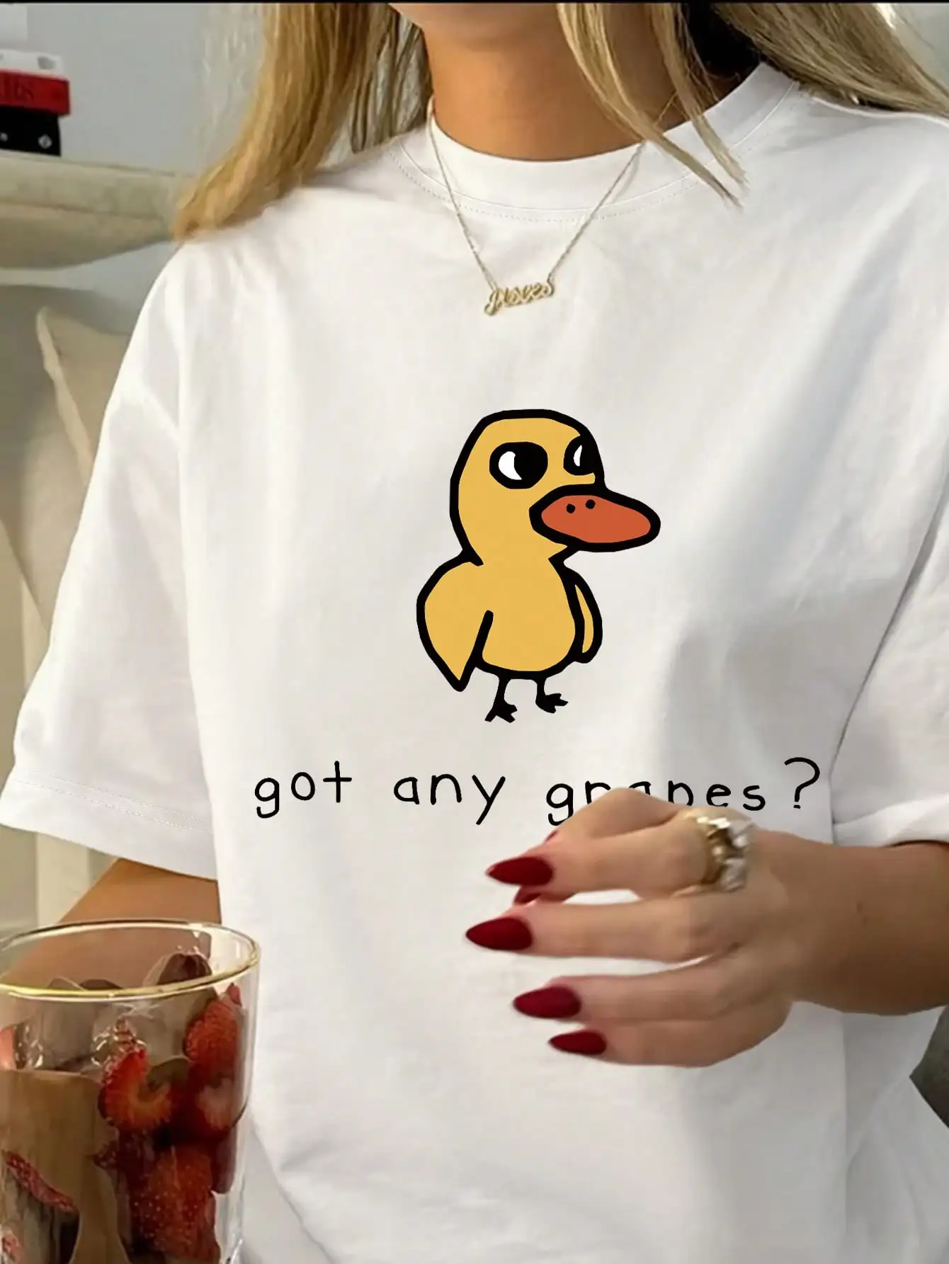 Cartoon Duck & Slogan Print Short Sleeve T-Shirt, Girls Summer Round Neck Blouse/Top