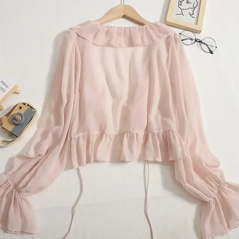 

Summer Transparent Blouses Women Lace-up Thin Trendy Long Sleeve Leisure Sweet Girl All-match Korean Elegant Streetwear Ins Cozy