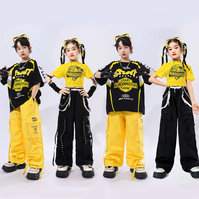 Ragazze Hip Hop Giallo Crop Top Pantaloni cargo Set di vestiti Ragazzi Street Dance T-shirt a contrasto Bambini Costumi jazz Bambini Streetwear