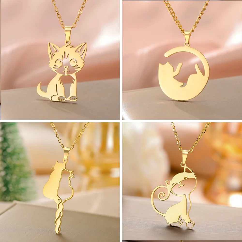 Skyrim Cat Kitten Pendant Necklaces Stainless Steel Gold Color Chain Necklace Cute Animal Jewelry for Women Girls Birthday Gift