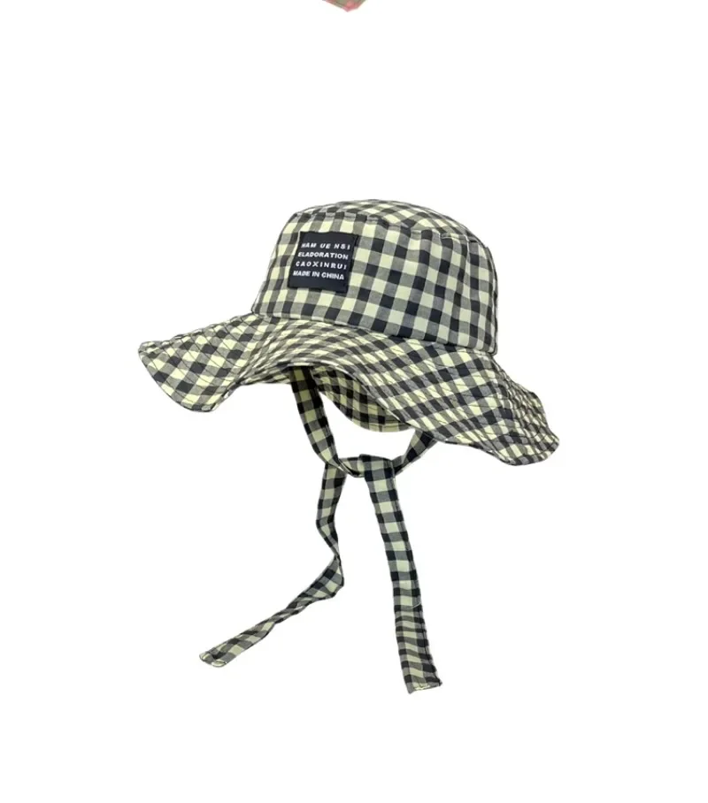 Ins Blogger Retro Plaid Tie Strap Eimer Hut Frauen Sommer Reise Vielseitig Fischer Hut Mädchen Mode Beliebte Breite Krempe Sonne Kappe – Detail 29